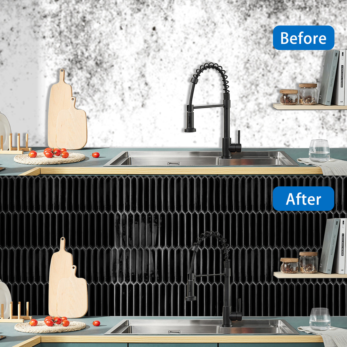 DEWOO Black Tile Peel and Stick Backsplash, 10 Sheets Self-Adhesive Wall Tiles Stick on Back Splash for Kitchen, Bathroom, Fireplace,RV(12"×12",Black Marble) - DEWOO TILES