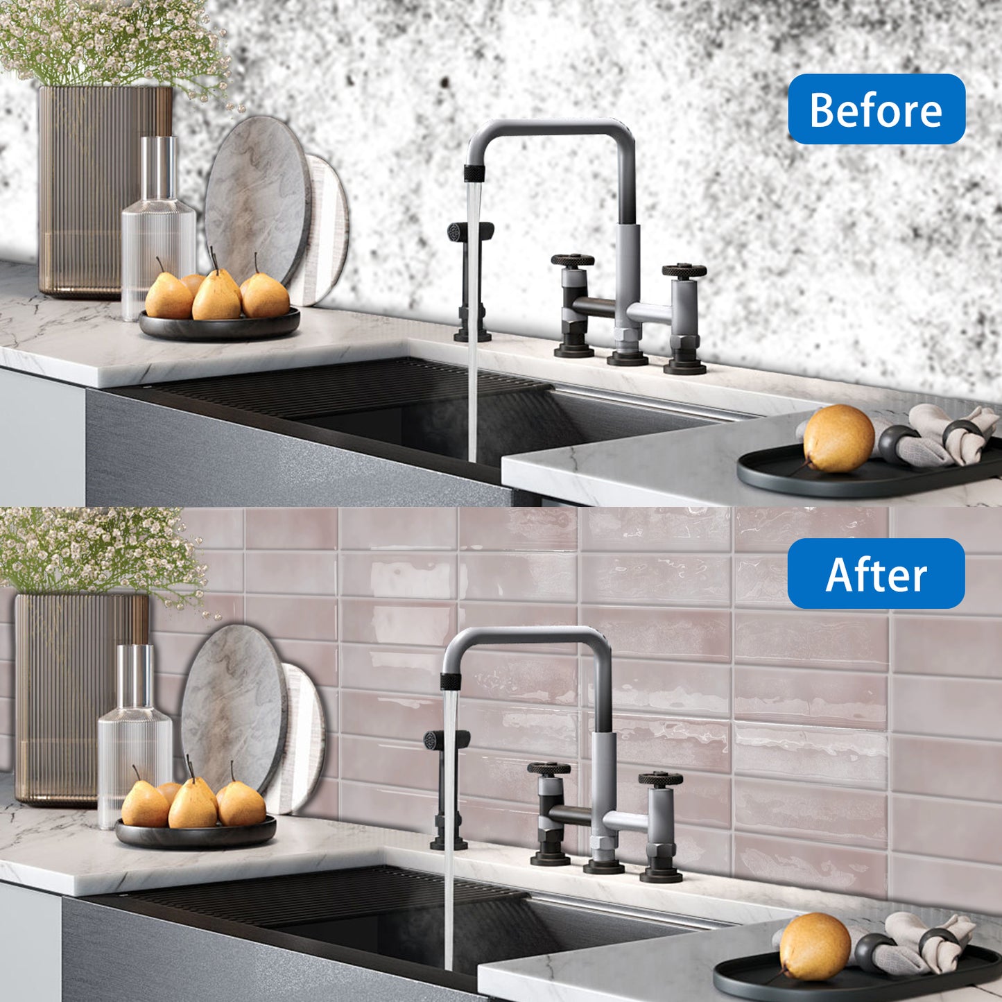 DEWOO Peel and Stick Backsplash - 10 Sheets of 12"×12" - 3D Adhesive Peel and Stick Tile Backsplash for Kitchen, Bathroom, Wall Tile, Pink - DEWOO TILES