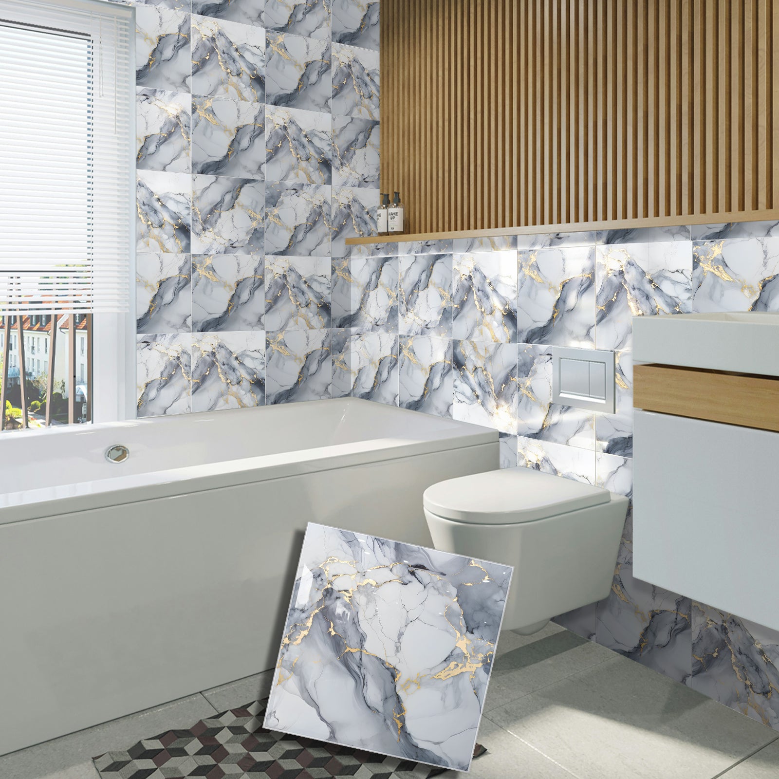 DEWOO 10pcs Peel and Stick Backsplash Wall Tile, Waterproof Peel and Stick Marble Wall Tiles, Self - Adhesive Panels for Bathroom, Kitchen, and Living Room (Dark Gray Marble,12"×12") - DEWOO TILES