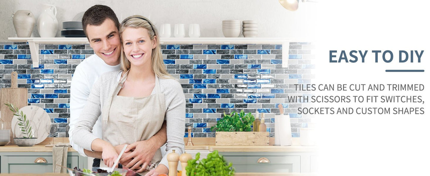 DEWOO Kitchen Backsplash Self Adhesive Wall 3D Marble Tiles Peel and Stick Bathroom, Blue (10 - Sheet, 12"×12") - DEWOO TILES
