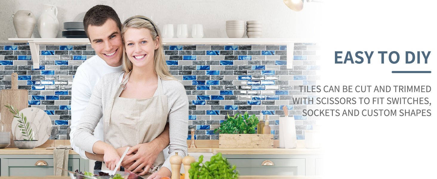 DEWOO Kitchen Backsplash Self Adhesive Wall 3D Marble Tiles Peel and Stick Bathroom, Blue (10 - Sheet, 12"×12") - DEWOO TILES