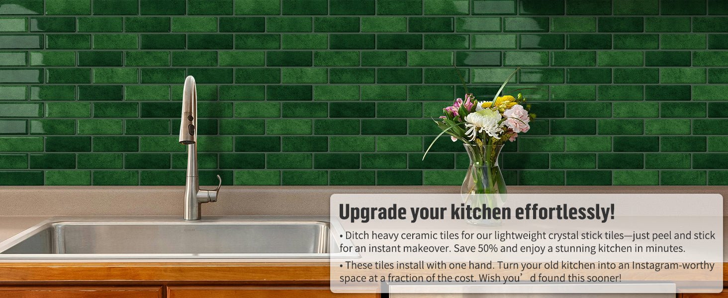 Thick Green Peel and Stick Tile Backsplash 12"x12" Self Adhesive Wall Marble Tiles for Kitchen (10 - Sheet,Green) - DEWOO TILES