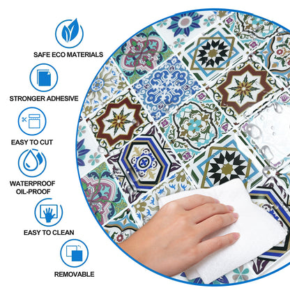 DEWOO Bohemian Mandala Self - Adhesive Tile Decals — 12" x 12" Large Size — Self - Adhesive Backsplash Stickers for Kitchen, Bathroom, and Laundry Room — Waterproof & Removable Vinyl Wall Decals — 10 - Piece Pack - DEWOO TILES