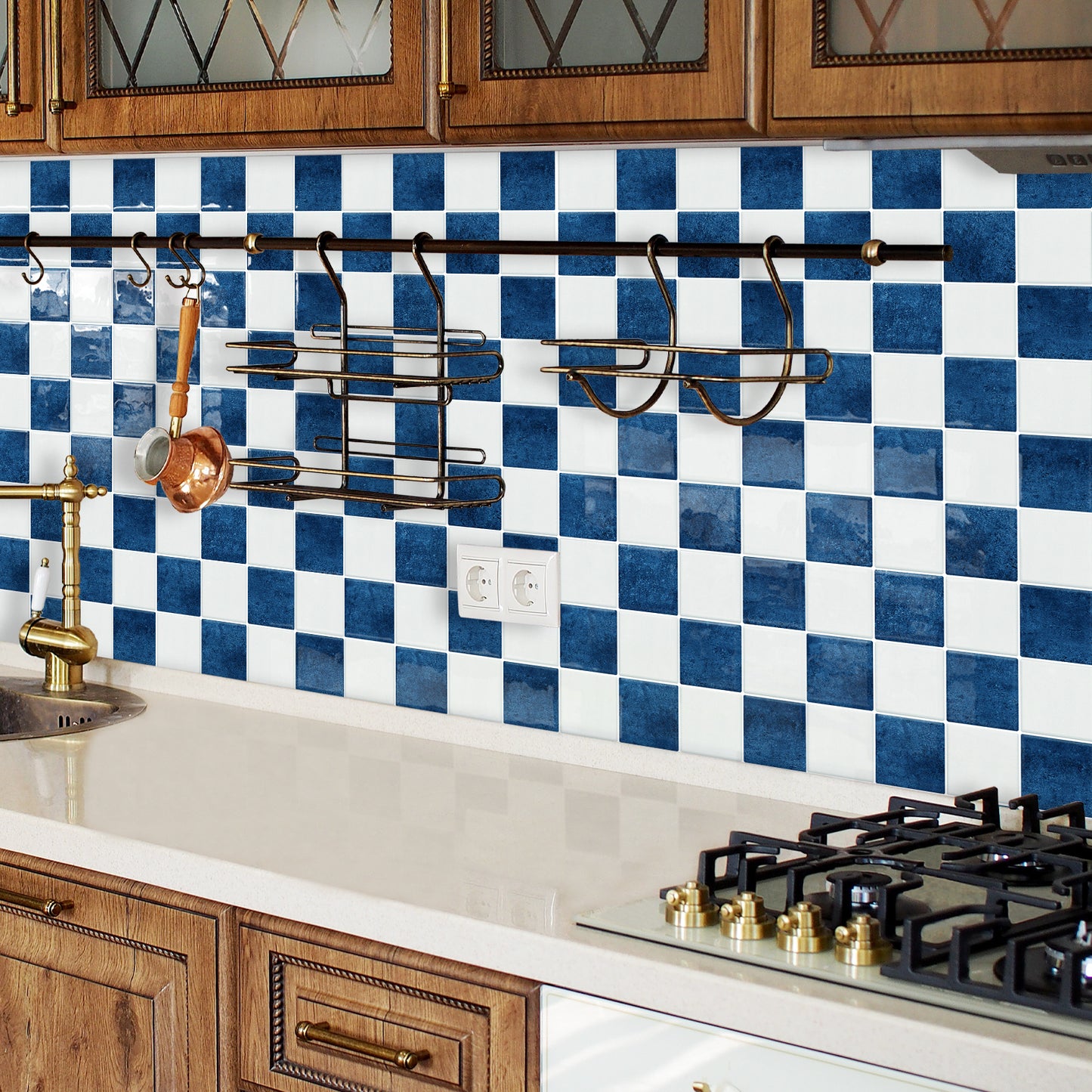 DEWOO Thick Peel and Stick Backsplash Tiles Kitchen Bathroom Square Self Adhesive Wall Tile Checkerboard Checkered Stickers,Blue (10 - Sheet, 9"×9") - DEWOO TILES