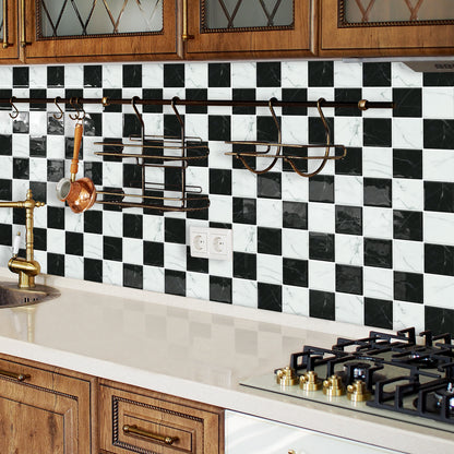 DEWOO Thick Peel and Stick Backsplash Tiles Kitchen Bathroom Square Self Adhesive Wall Tile Checkerboard Checkered Stickers,Black (10 - Sheet, 9"×9") - DEWOO TILES
