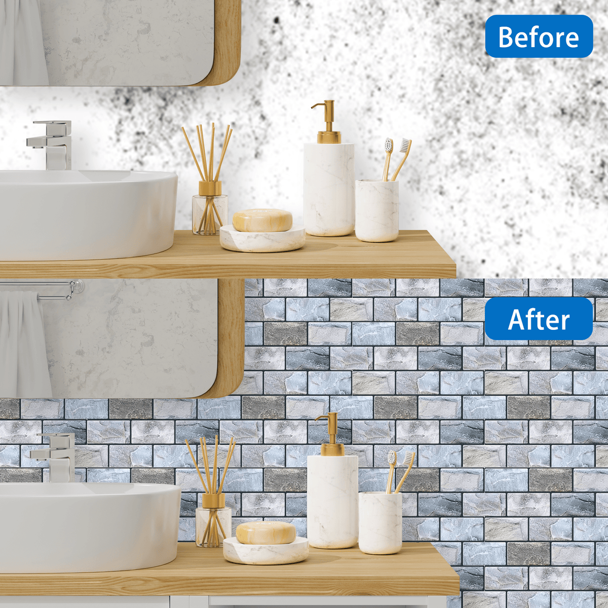 DEWOO 10 Sheets Peel and Stick Tile Backsplash for Kitchen Wall Tile, Self Adhesive Brick Backsplash Subway Tiles Backsplash, Stick on Tiles Kitchen Backsplash(Retro Blue,10.6"x10") - DEWOO TILES
