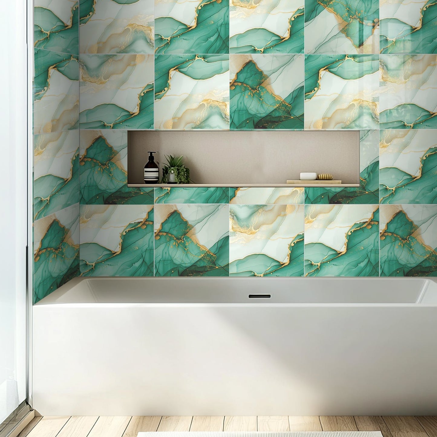 DEWOO 10pcs Peel and Stick Backsplash Wall Tile, Waterproof Peel and Stick Marble Wall Tiles, Self - Adhesive Panels for Bathroom, Kitchen, and Living Room (Green Gold Marble,12"×12") - DEWOO TILES