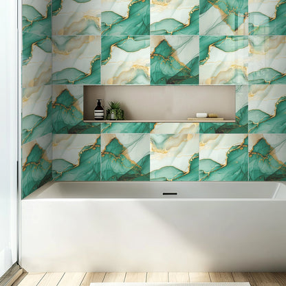 DEWOO 10pcs Peel and Stick Backsplash Wall Tile, Waterproof Peel and Stick Marble Wall Tiles, Self - Adhesive Panels for Bathroom, Kitchen, and Living Room (Green Gold Marble,12"×12") - DEWOO TILES