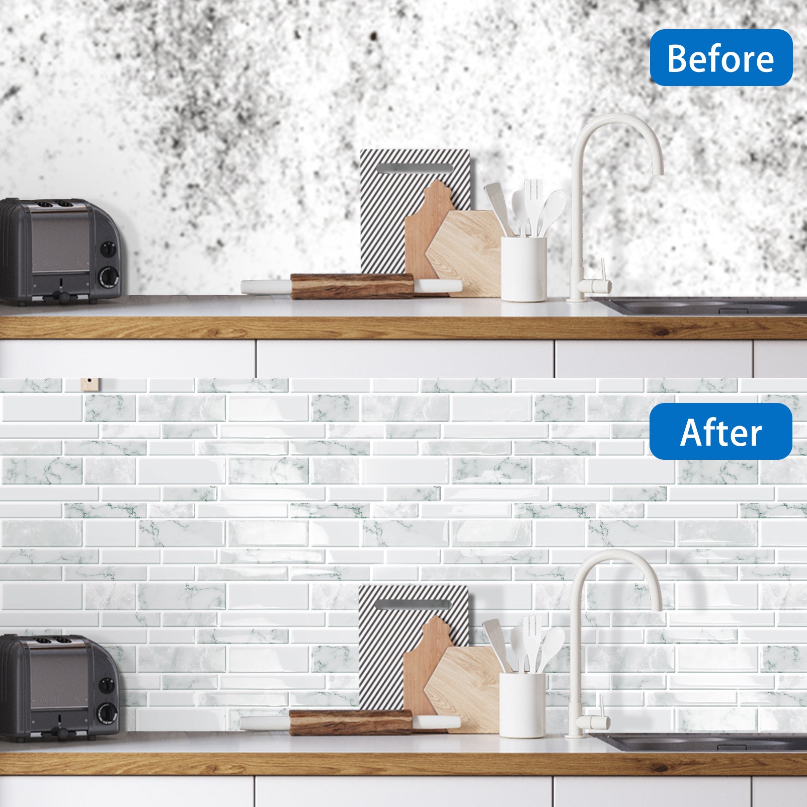 DEWOO 10 - Sheet Peel and Stick Kitchen Backsplash Tiles, 12"x12" Self - Adhesive Marble Multicolor Wall Tiles for Kitchen and Bathroom(White Marble) - DEWOO TILES