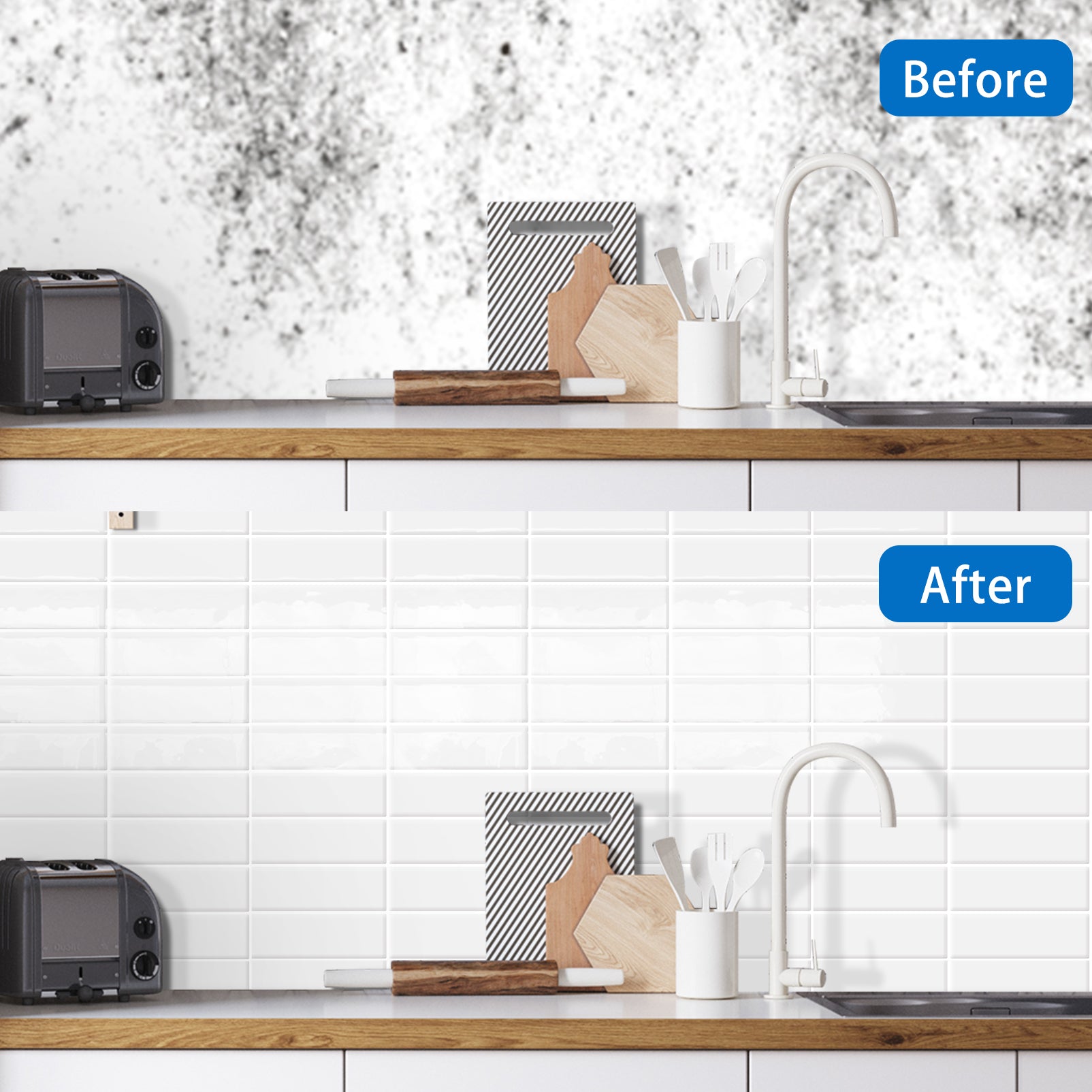 DEWOO 10pcs Peel and Stick Backsplash Wall Tiles, Extra Thick 3D Wall Panels, Heat & Water Resistant, Easy DIY Kitchen, Bathroom, Laundry, Fireplace & Rental Home Wall Décor (White, 12"×12") - DEWOO TILES