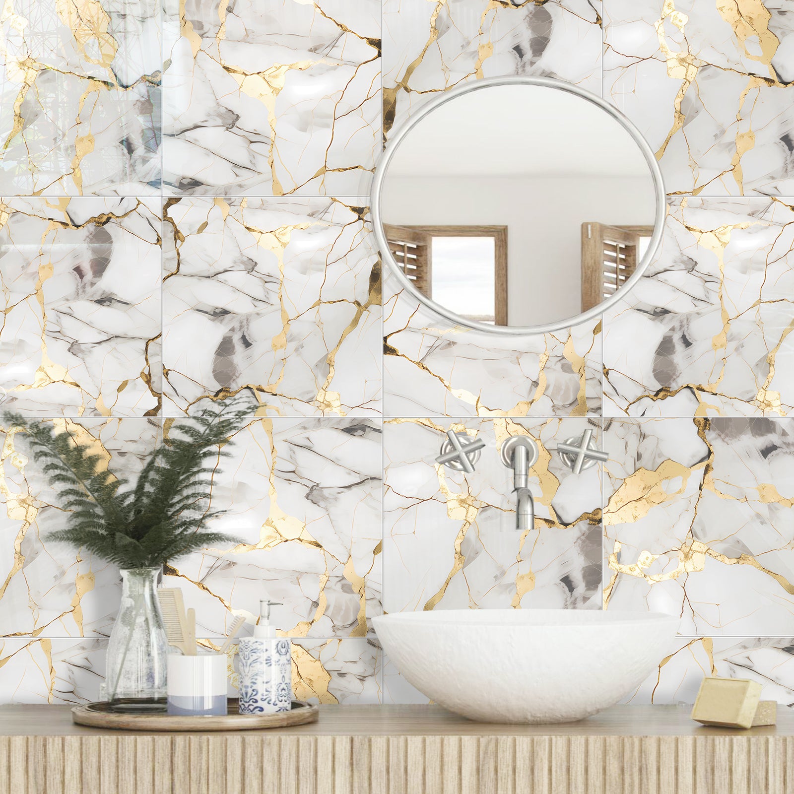 DEWOO 10pcs Peel and Stick Backsplash Wall Tile, Waterproof Peel and Stick Marble Wall Tiles, Self - Adhesive Panels for Bathroom, Kitchen, and Living Room (White Gold Marble,12"×12") - DEWOO TILES