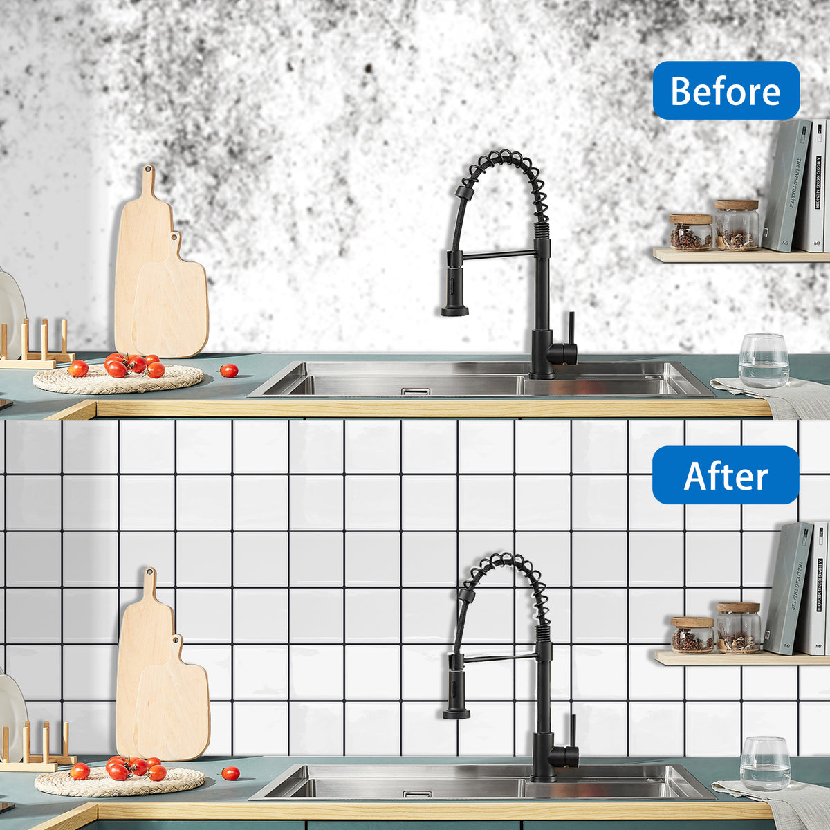 DEWOO Thick Square Kitchen Peel and Stick Backsplash Mosaic Tiles Square Self Adhesive Wall Tile Checkerboard Checkered Stickers,White (10-Sheet,12"x12") - DEWOO TILES
