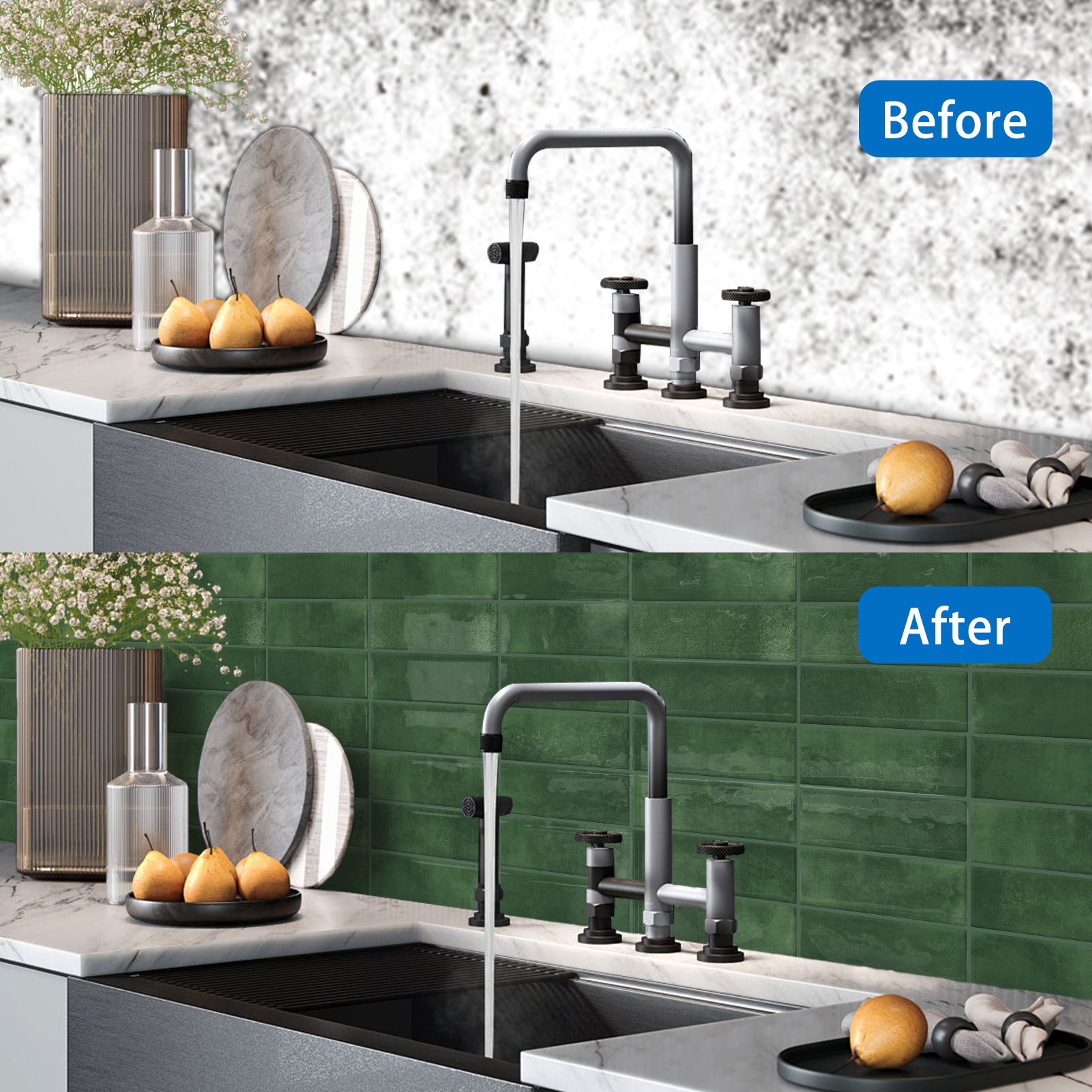 DEWOO 10pcs Peel and Stick Backsplash Wall Tiles, Extra Thick 3D Wall Panels, Heat & Water Resistant, Easy DIY Kitchen, Bathroom, Laundry, Fireplace & Rental Home Wall Décor (Dark Green, 12"×12") - DEWOO TILES