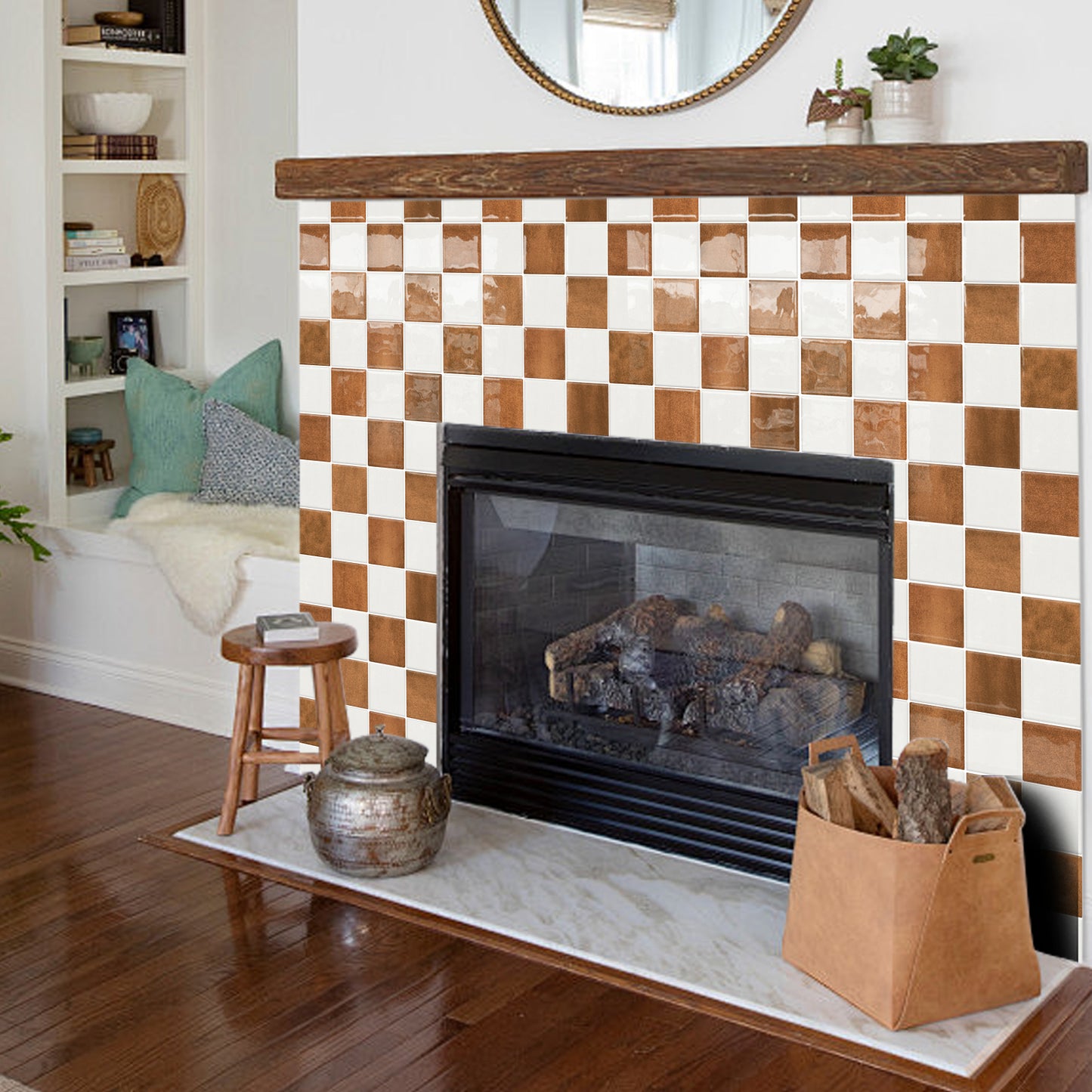 DEWOO Thick Peel and Stick Backsplash Tiles Kitchen Bathroom Square Self Adhesive Wall Tile Checkerboard Checkered Stickers,Orange (10 - Sheet, 9"×9") - DEWOO TILES