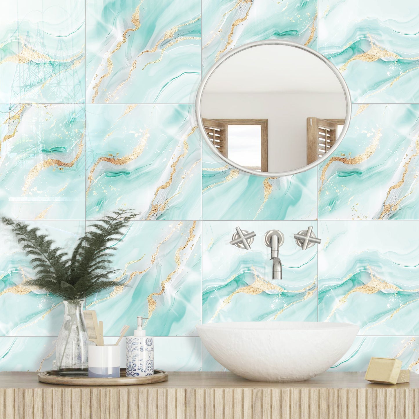 DEWOO 10pcs Peel and Stick Backsplash Wall Tile, Waterproof Peel and Stick Marble Wall Tiles, Self - Adhesive Panels for Bathroom, Kitchen, and Living Room (Blue Marble,12"×12") - DEWOO TILES