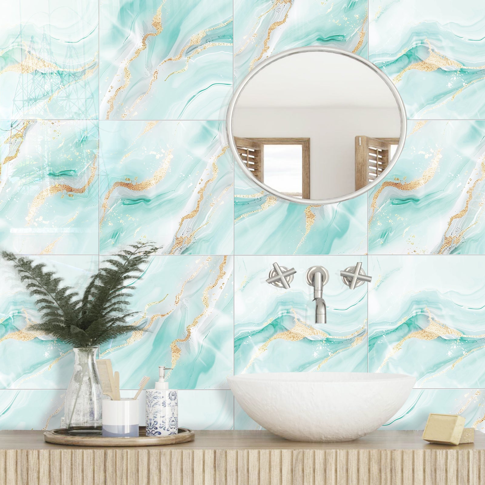 DEWOO 10pcs Peel and Stick Backsplash Wall Tile, Waterproof Peel and Stick Marble Wall Tiles, Self - Adhesive Panels for Bathroom, Kitchen, and Living Room (Blue Marble,12"×12") - DEWOO TILES