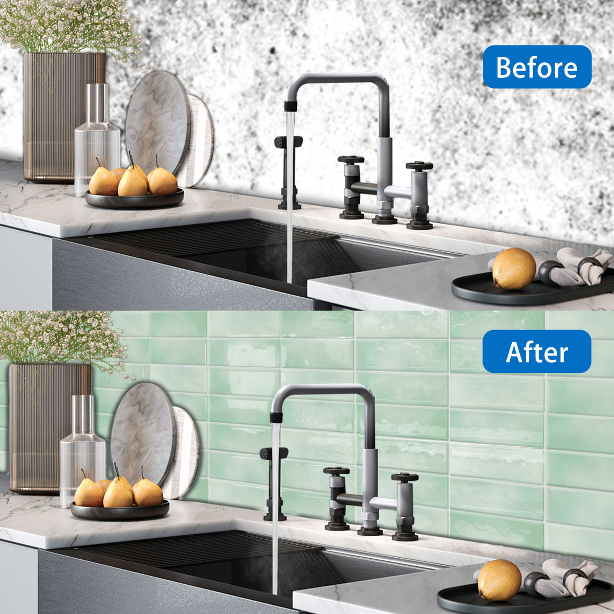 DEWOO Peel and Stick Backsplash - 10 Sheets of 12"×12" - 3D Adhesive Peel and Stick Tile Backsplash for Kitchen, Bathroom, Wall Tile, Light Green - DEWOO TILES