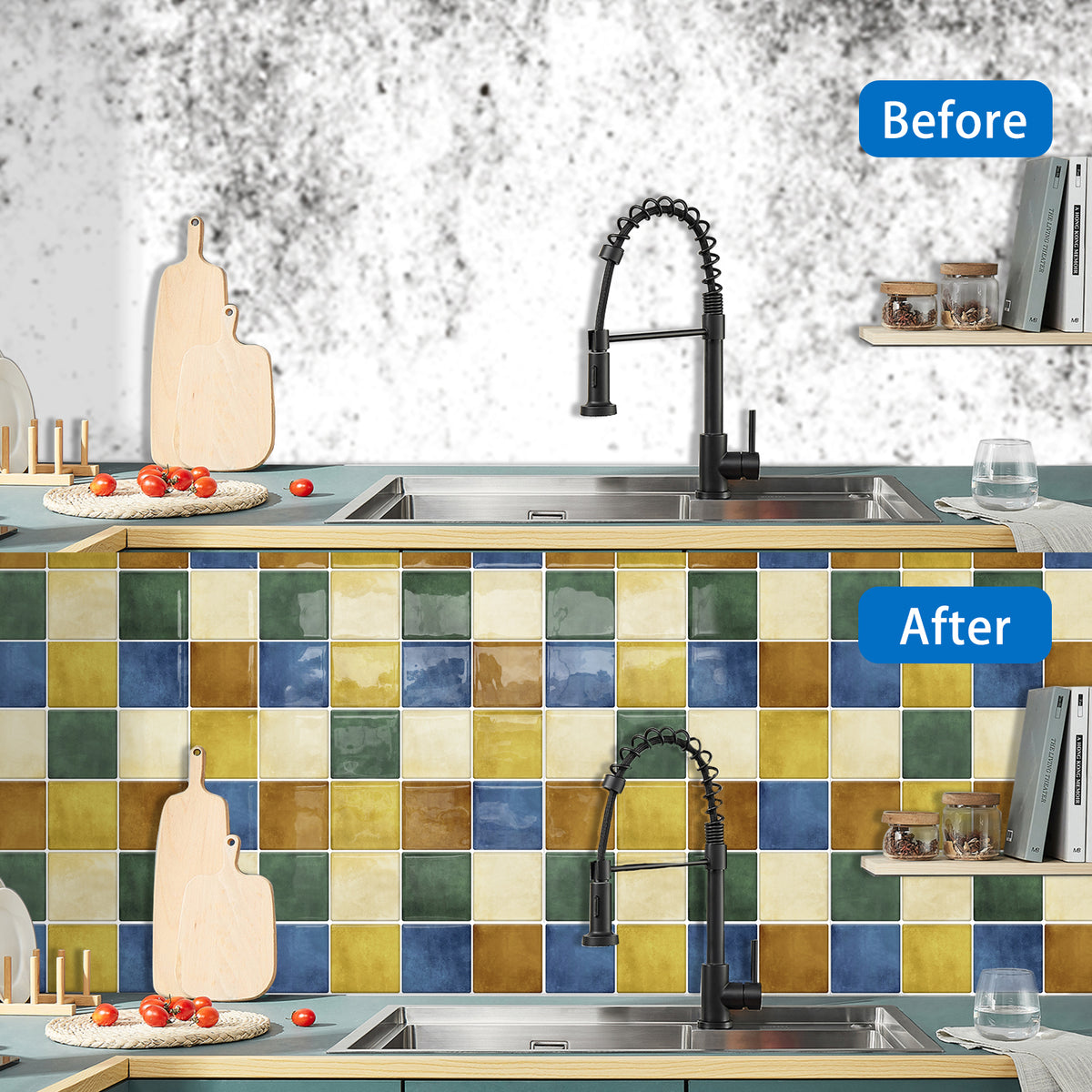 DEWOO Thick Square Kitchen Peel and Stick Backsplash Mosaic Tiles Square Self Adhesive Wall Tile Checkerboard Checkered Stickers,Multicolor (10-Sheet,12"x12") - DEWOO TILES