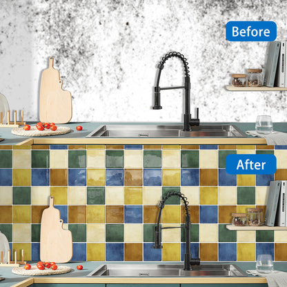 DEWOO Thick Square Kitchen Peel and Stick Backsplash Mosaic Tiles Square Self Adhesive Wall Tile Checkerboard Checkered Stickers,Multicolor (10-Sheet,12"x12") - DEWOO TILES