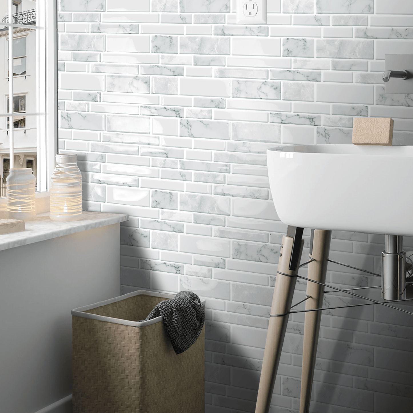 DEWOO 10 - Sheet Peel and Stick Kitchen Backsplash Tiles, 12"x12" Self - Adhesive Marble Multicolor Wall Tiles for Kitchen and Bathroom(White Marble) - DEWOO TILES