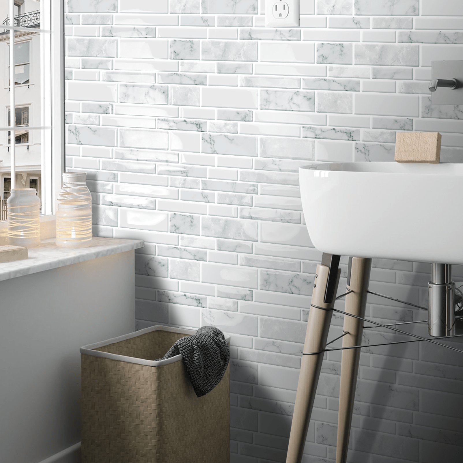 DEWOO 10 - Sheet Peel and Stick Kitchen Backsplash Tiles, 12"x12" Self - Adhesive Marble Multicolor Wall Tiles for Kitchen and Bathroom(White Marble) - DEWOO TILES