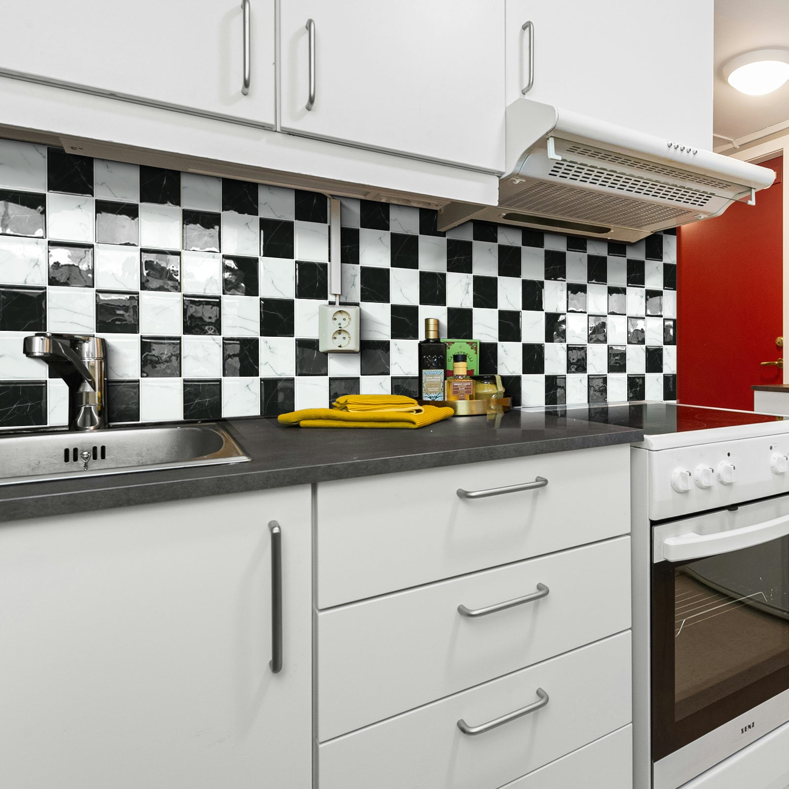 DEWOO Thick Peel and Stick Backsplash Tiles Kitchen Bathroom Square Self Adhesive Wall Tile Checkerboard Checkered Stickers,Black (10 - Sheet, 9"×9") - DEWOO TILES