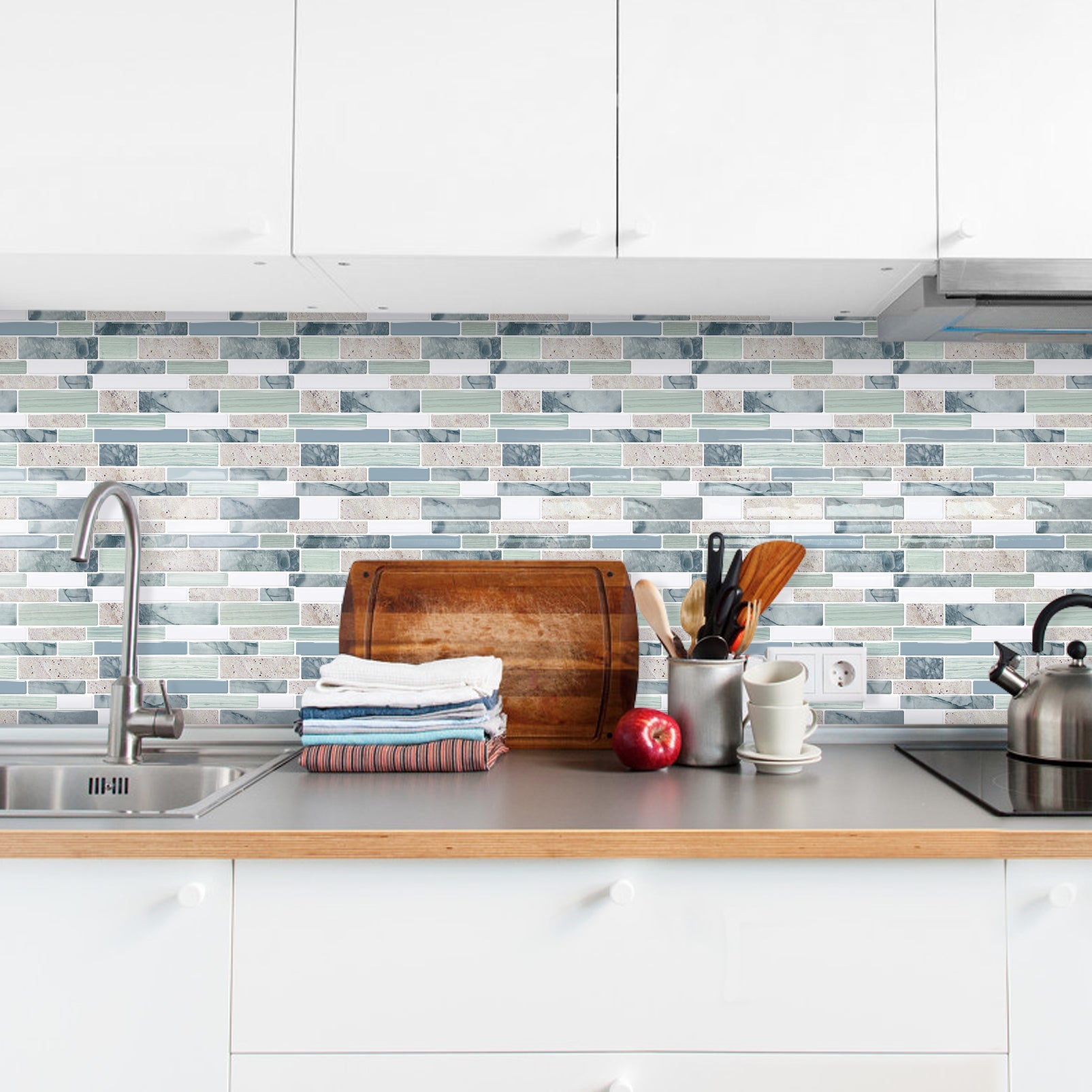 DEWOO 10 - Sheet Peel and Stick Kitchen Backsplash Tiles, 12"x12" Self - Adhesive Marble Multicolor Wall Tiles for Kitchen and Bathroom(Multicolor Marble) - DEWOO TILES