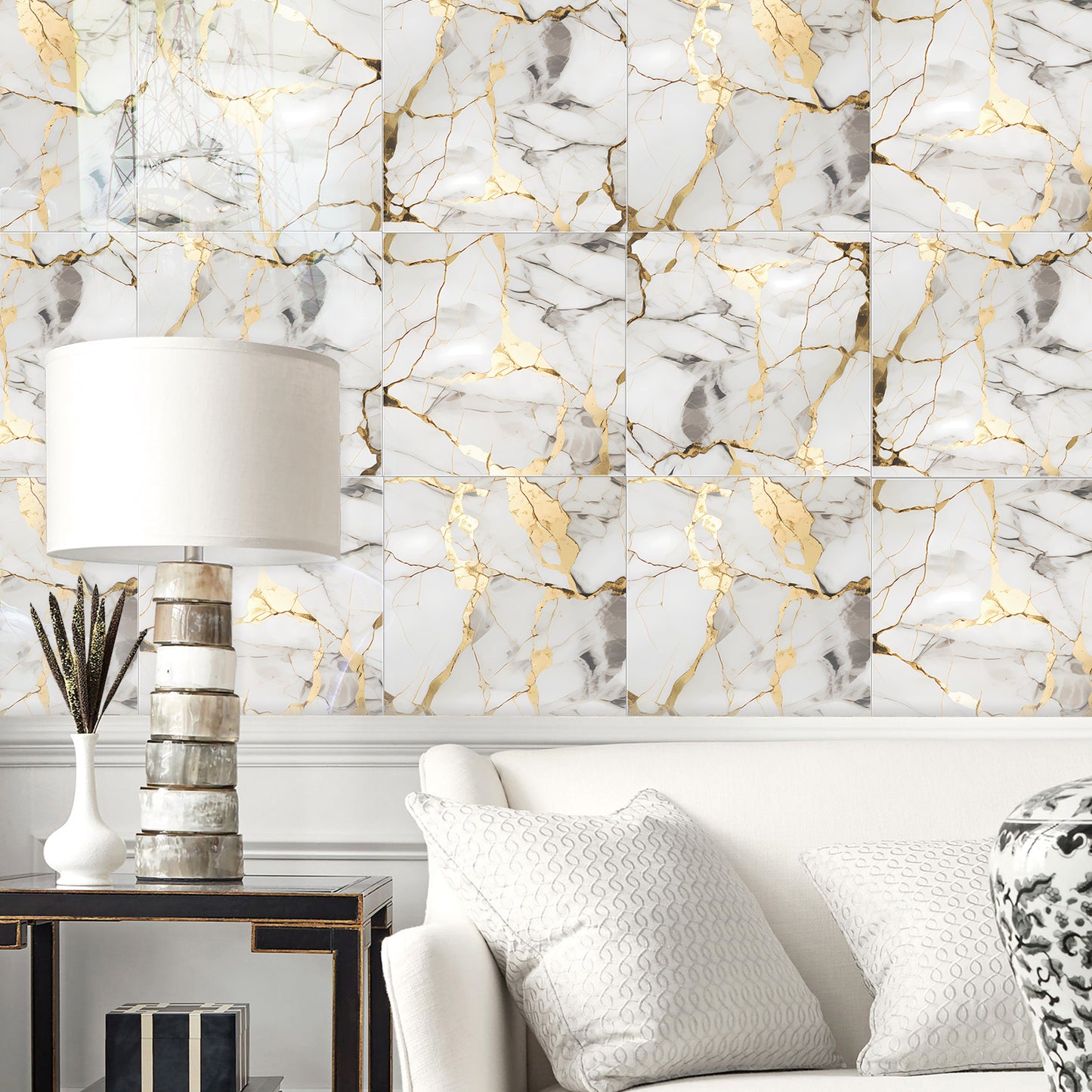 DEWOO 10pcs Peel and Stick Backsplash Wall Tile, Waterproof Peel and Stick Marble Wall Tiles, Self - Adhesive Panels for Bathroom, Kitchen, and Living Room (White Gold Marble,12"×12") - DEWOO TILES