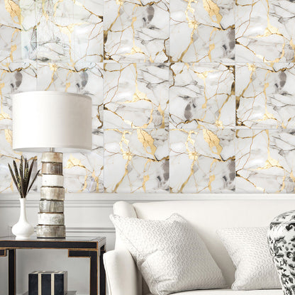 DEWOO 10pcs Peel and Stick Backsplash Wall Tile, Waterproof Peel and Stick Marble Wall Tiles, Self - Adhesive Panels for Bathroom, Kitchen, and Living Room (White Gold Marble,12"×12") - DEWOO TILES
