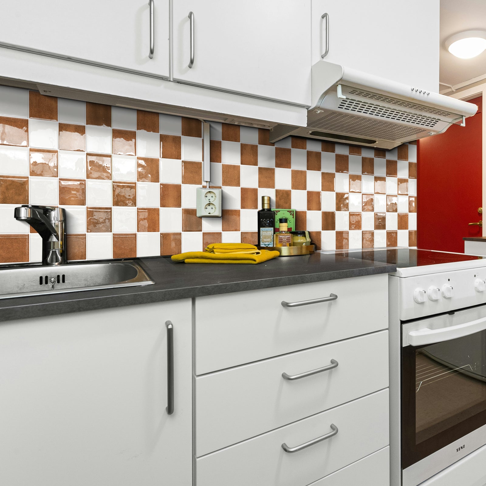 DEWOO Thick Peel and Stick Backsplash Tiles Kitchen Bathroom Square Self Adhesive Wall Tile Checkerboard Checkered Stickers,Orange (10 - Sheet, 9"×9") - DEWOO TILES