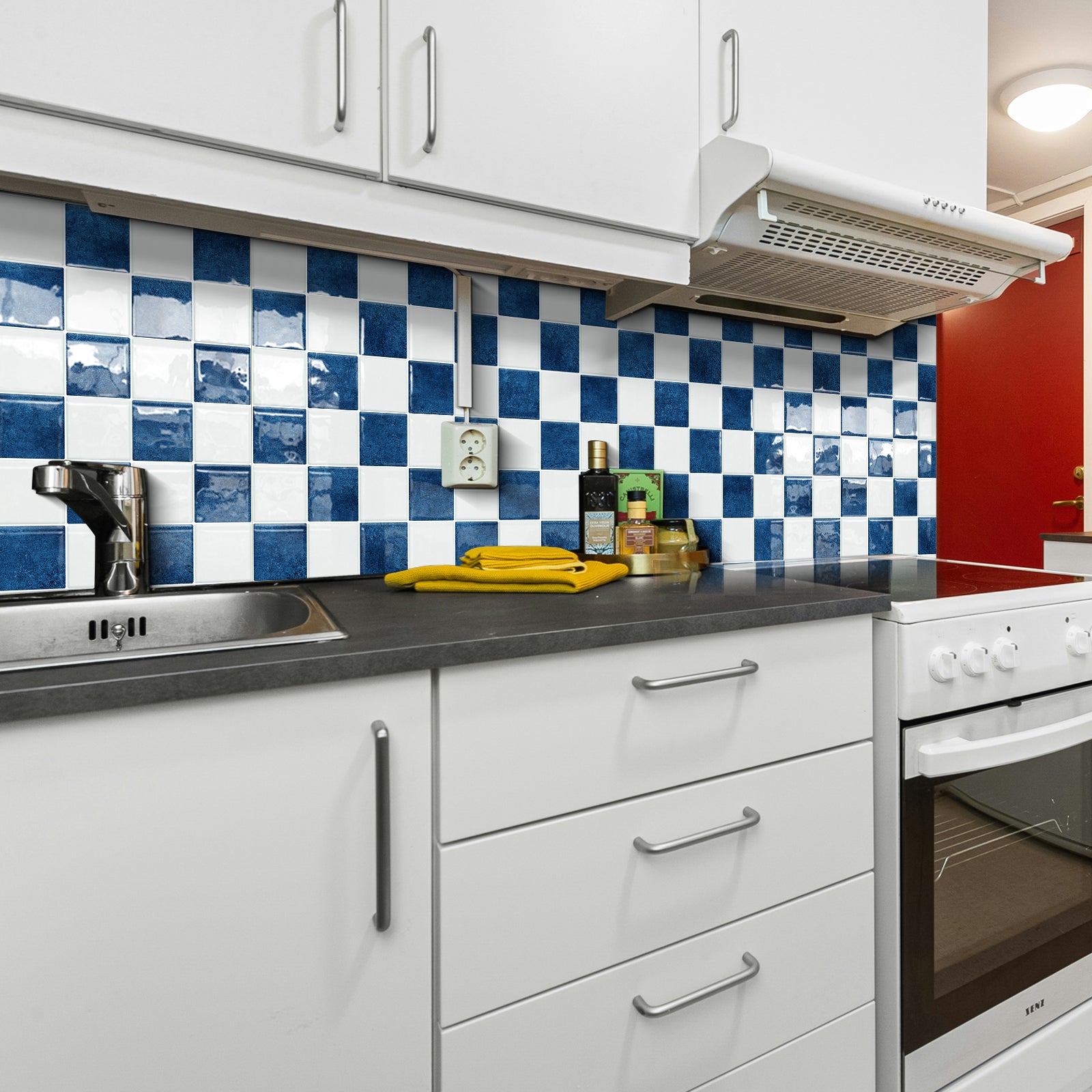 DEWOO Thick Peel and Stick Backsplash Tiles Kitchen Bathroom Square Self Adhesive Wall Tile Checkerboard Checkered Stickers,Blue (10 - Sheet, 9"×9") - DEWOO TILES