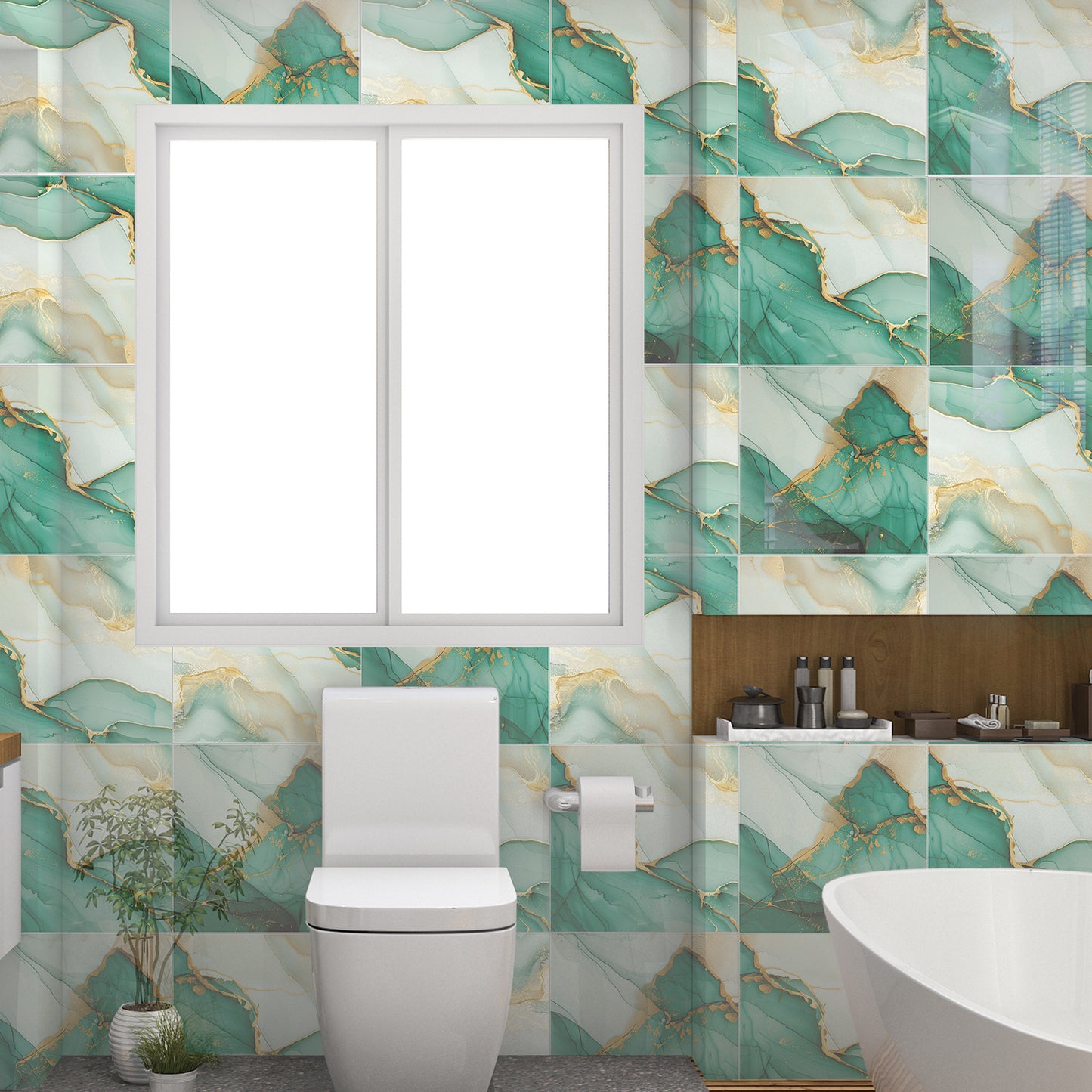 DEWOO 10pcs Peel and Stick Backsplash Wall Tile, Waterproof Peel and Stick Marble Wall Tiles, Self - Adhesive Panels for Bathroom, Kitchen, and Living Room (Green Gold Marble,12"×12") - DEWOO TILES