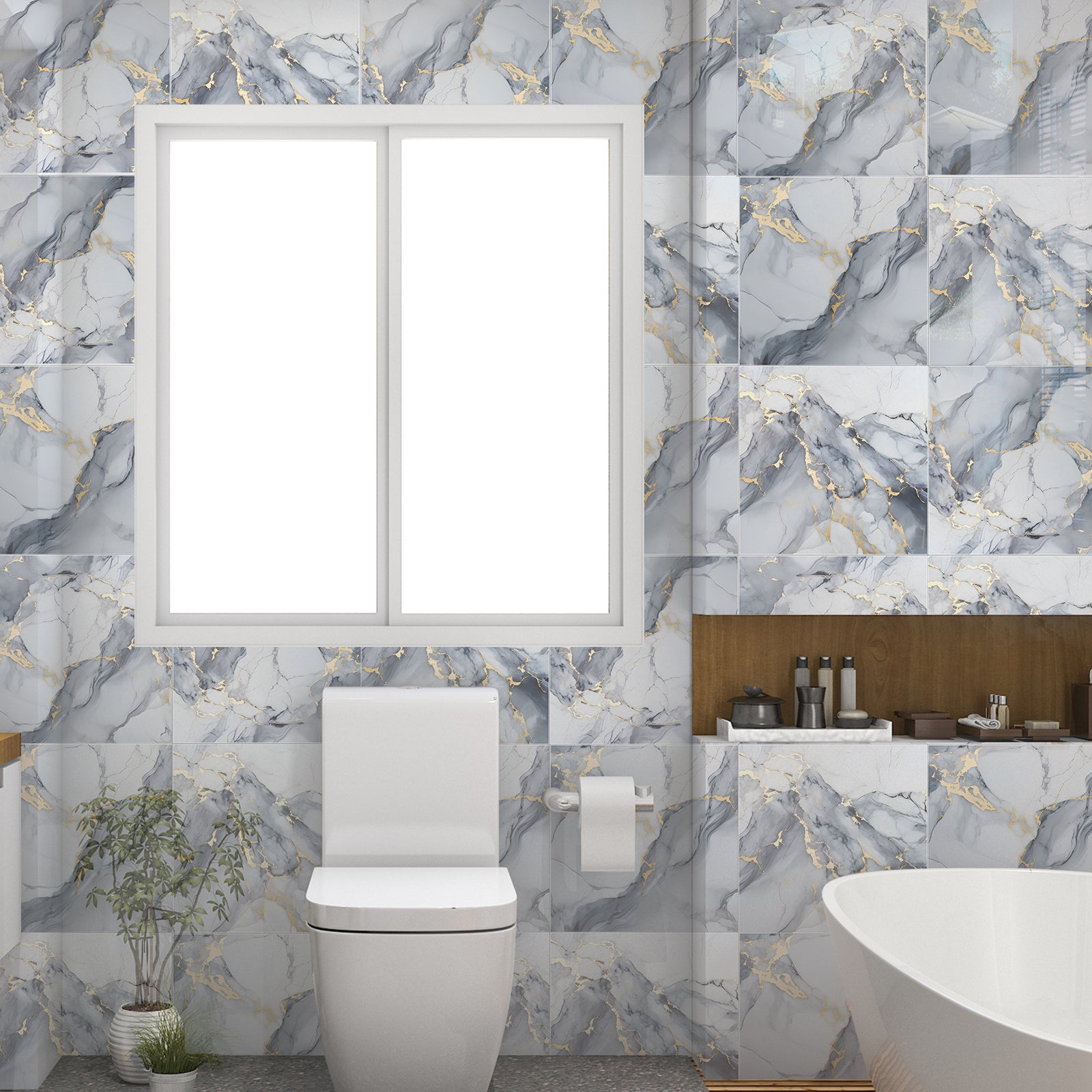 DEWOO 10pcs Peel and Stick Backsplash Wall Tile, Waterproof Peel and Stick Marble Wall Tiles, Self - Adhesive Panels for Bathroom, Kitchen, and Living Room (Dark Gray Marble,12"×12") - DEWOO TILES