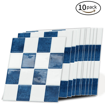 DEWOO Thick Peel and Stick Backsplash Tiles Kitchen Bathroom Square Self Adhesive Wall Tile Checkerboard Checkered Stickers,Blue (10 - Sheet, 9"×9") - DEWOO TILES
