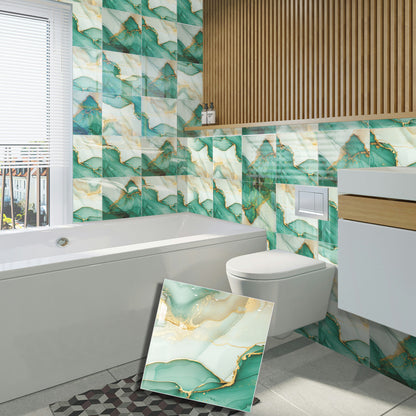 DEWOO 10pcs Peel and Stick Backsplash Wall Tile, Waterproof Peel and Stick Marble Wall Tiles, Self - Adhesive Panels for Bathroom, Kitchen, and Living Room (Green Gold Marble,12"×12") - DEWOO TILES