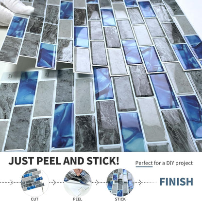 DEWOO Kitchen Backsplash Self Adhesive Wall 3D Marble Tiles Peel and Stick Bathroom, Blue (10 - Sheet, 12"×12") - DEWOO TILES