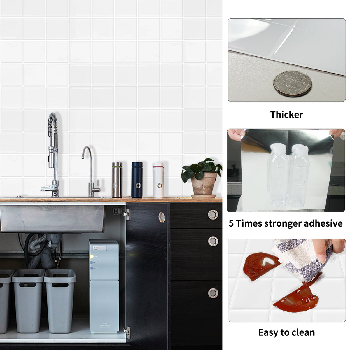 DEWOO Thick Square Kitchen Peel and Stick Backsplash Mosaic Tiles Square Self Adhesive Wall Tile Checkerboard Checkered Stickers,White (10-Sheet,12"x12") - DEWOO TILES