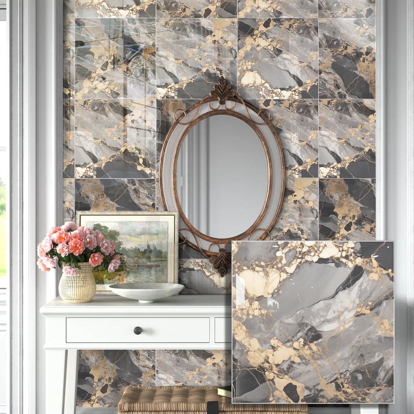 DEWOO 10pcs Peel and Stick Backsplash Wall Tile, Waterproof Peel and Stick Marble Wall Tiles, Self - Adhesive Panels for Bathroom, Kitchen, and Living Room (Brown Marble,12"×12") - DEWOO TILES