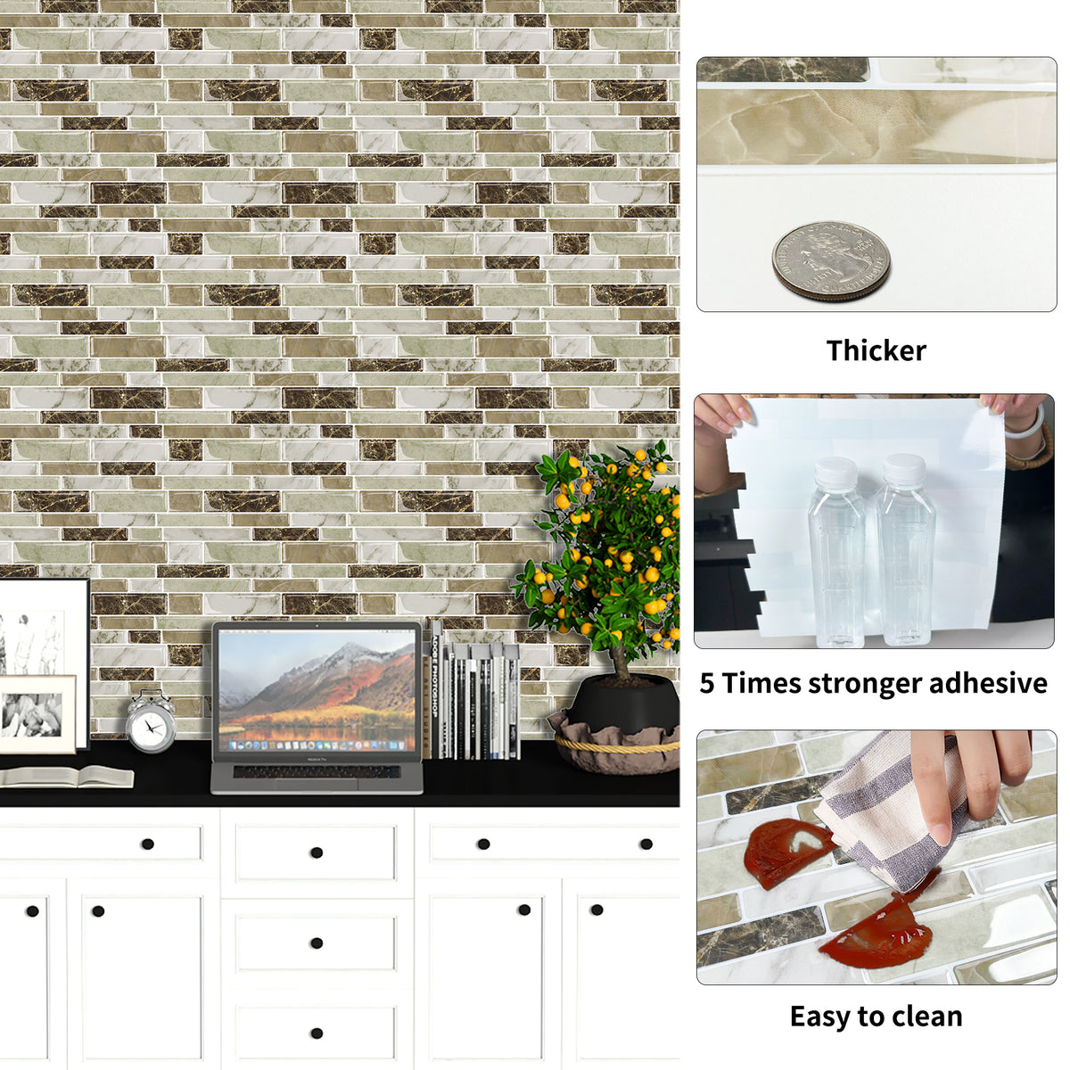 DEWOO 10 Sheets Peel and Stick Tile Backsplash, Stick on Wall Tiles, Self Adhesive Tile Sticker for Kitchen Backsplash and Bathroom(12"x12",Brown Marble) - DEWOO TILES