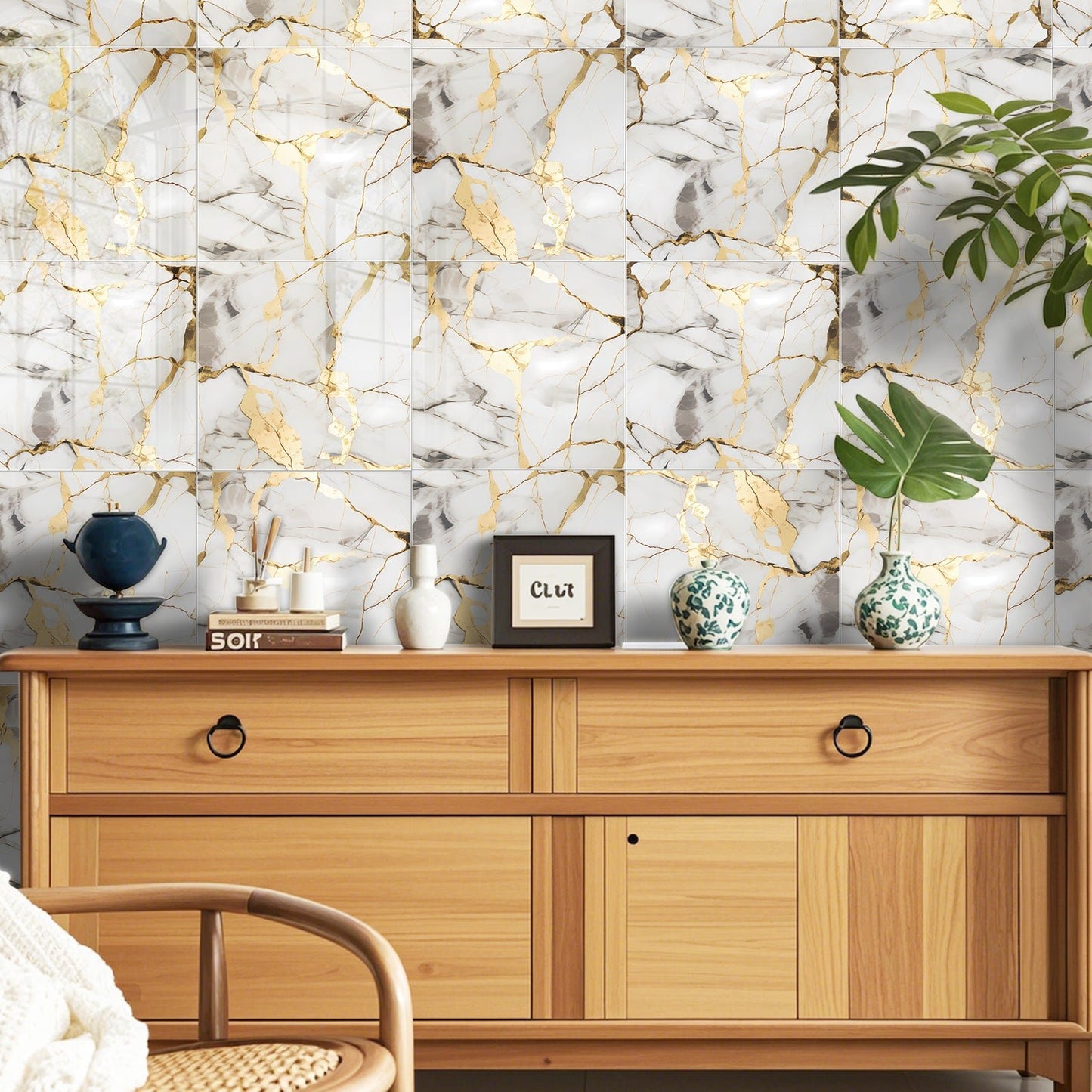 DEWOO 10pcs Peel and Stick Backsplash Wall Tile, Waterproof Peel and Stick Marble Wall Tiles, Self - Adhesive Panels for Bathroom, Kitchen, and Living Room (White Gold Marble,12"×12") - DEWOO TILES