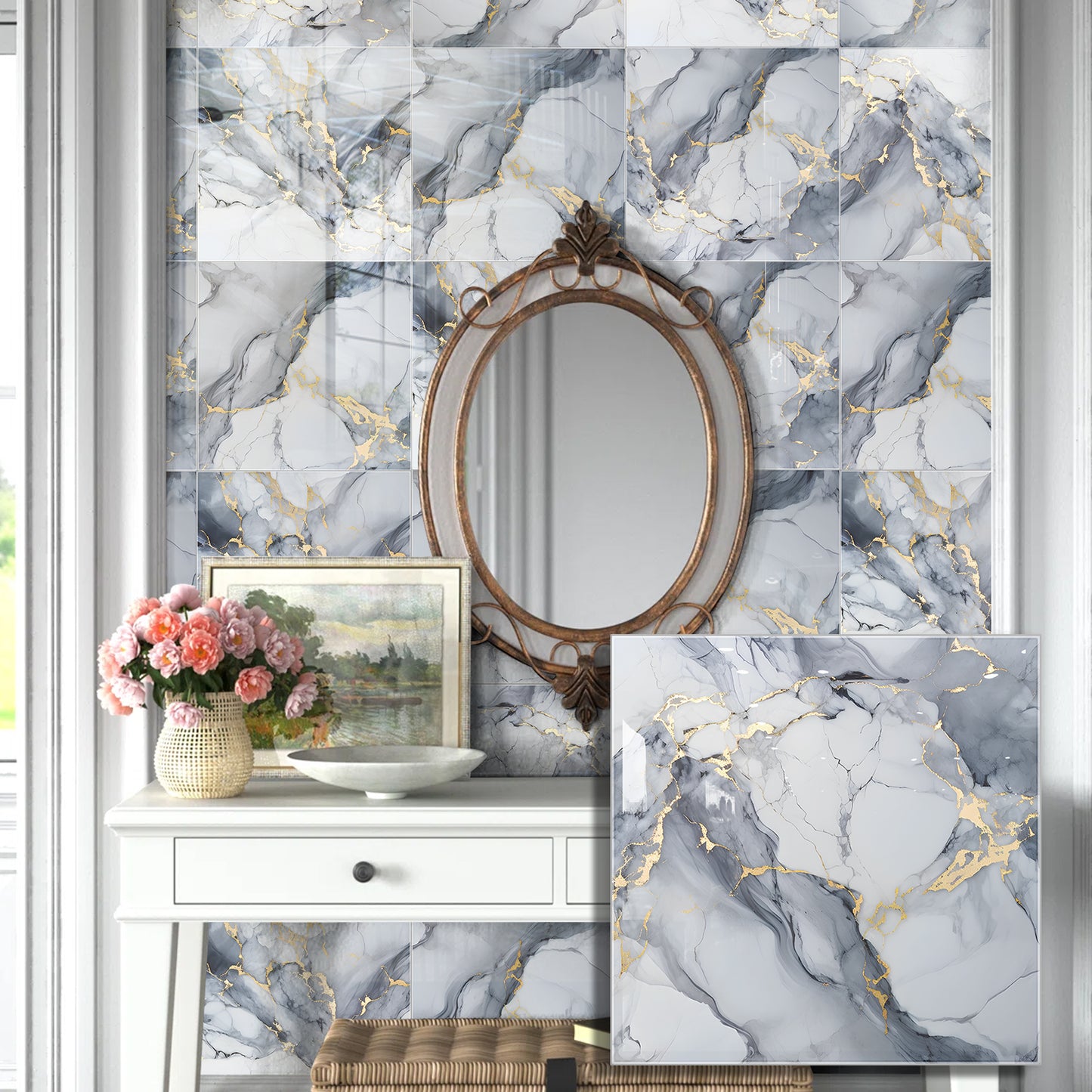 DEWOO 10pcs Peel and Stick Backsplash Wall Tile, Waterproof Peel and Stick Marble Wall Tiles, Self - Adhesive Panels for Bathroom, Kitchen, and Living Room (Dark Gray Marble,12"×12") - DEWOO TILES