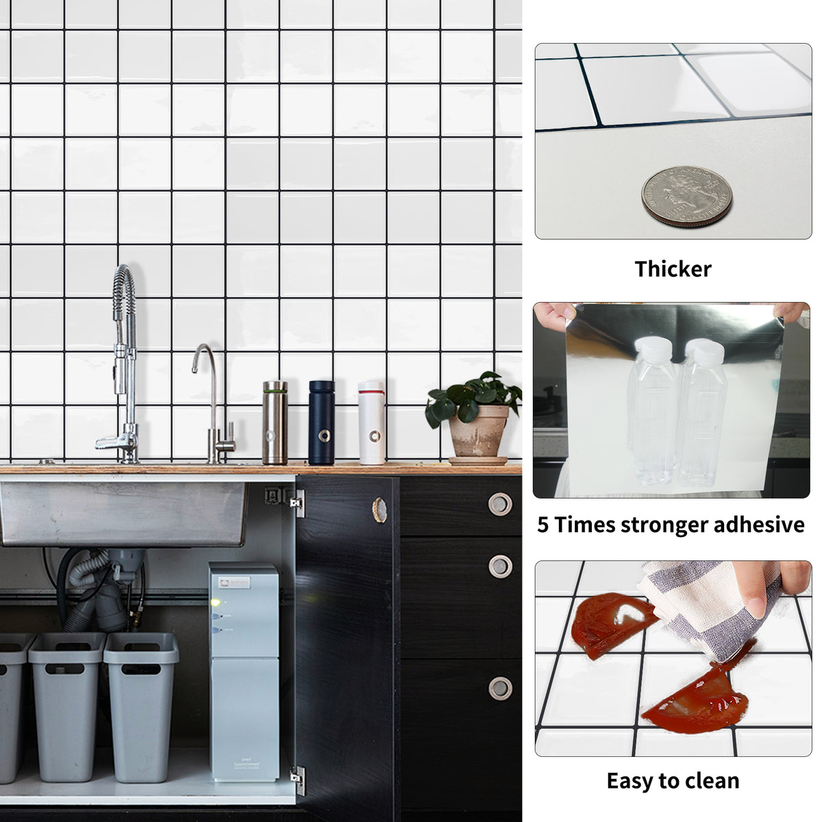 DEWOO Thick Square Kitchen Peel and Stick Backsplash Mosaic Tiles Square Self Adhesive Wall Tile Checkerboard Checkered Stickers,White (10-Sheet,12"x12") - DEWOO TILES