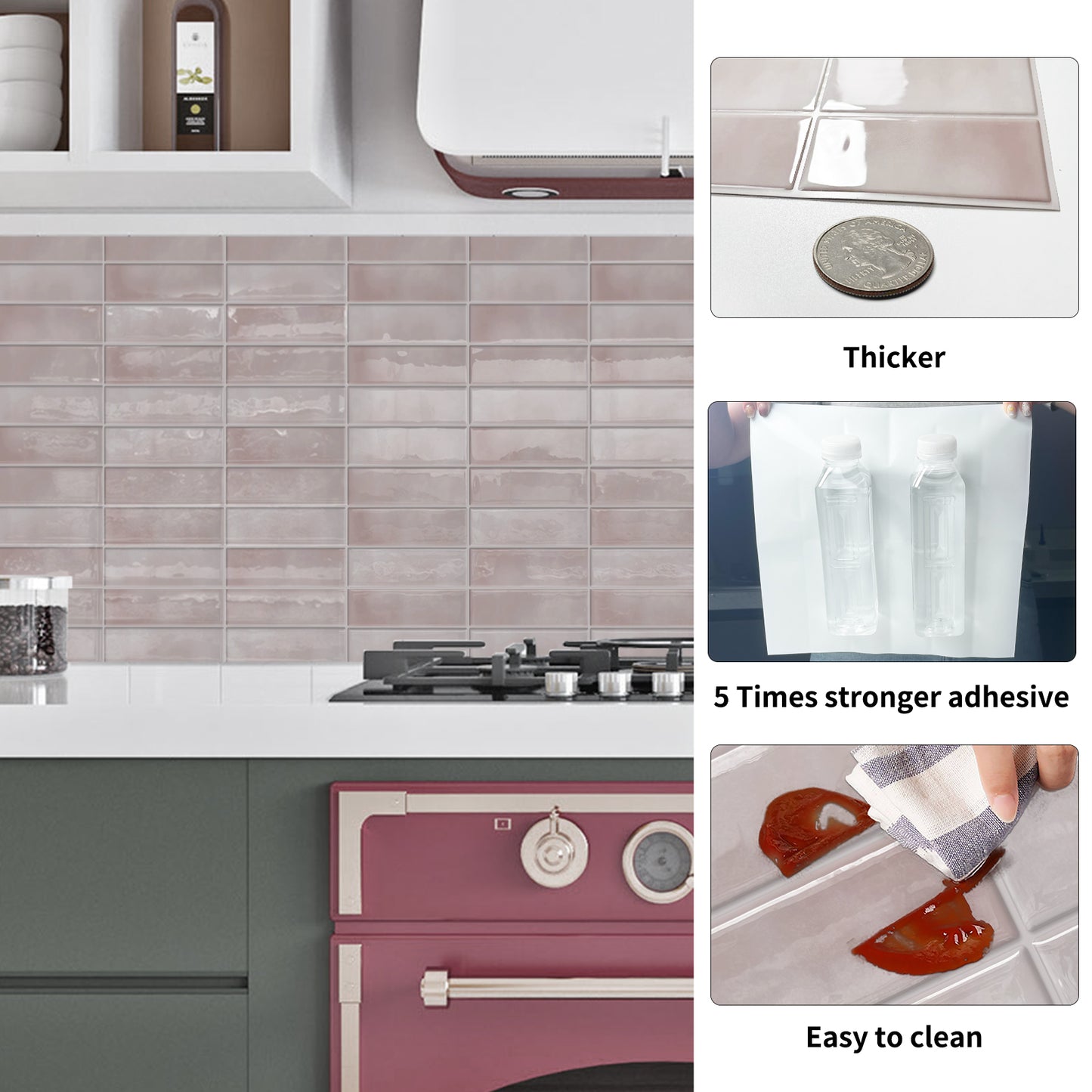 DEWOO Peel and Stick Backsplash - 10 Sheets of 12"×12" - 3D Adhesive Peel and Stick Tile Backsplash for Kitchen, Bathroom, Wall Tile, Pink - DEWOO TILES