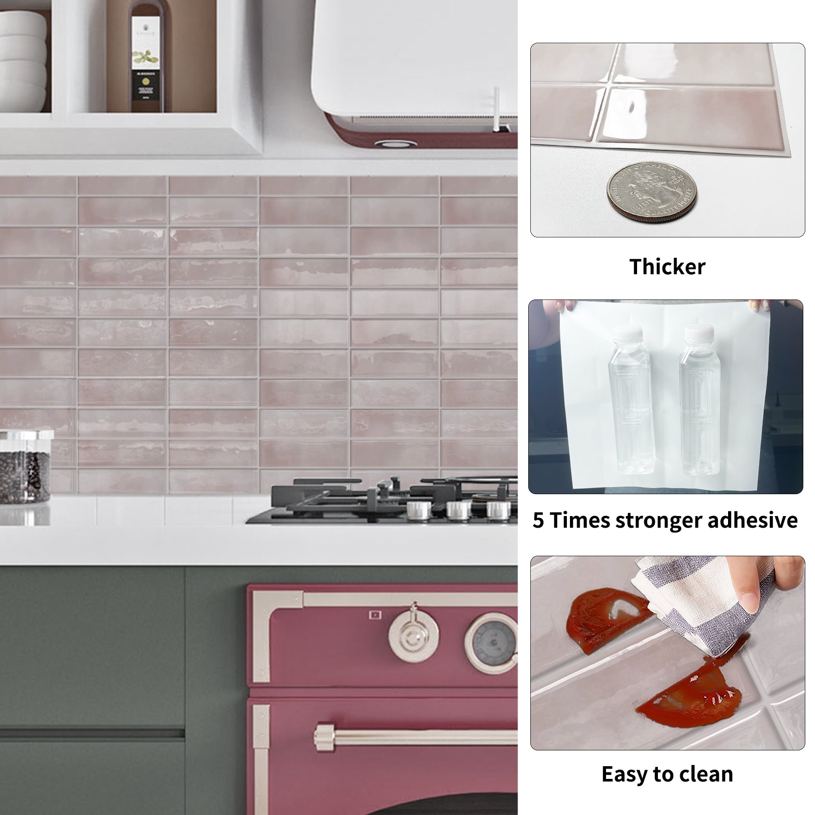 DEWOO Peel and Stick Backsplash - 10 Sheets of 12"×12" - 3D Adhesive Peel and Stick Tile Backsplash for Kitchen, Bathroom, Wall Tile, Pink - DEWOO TILES