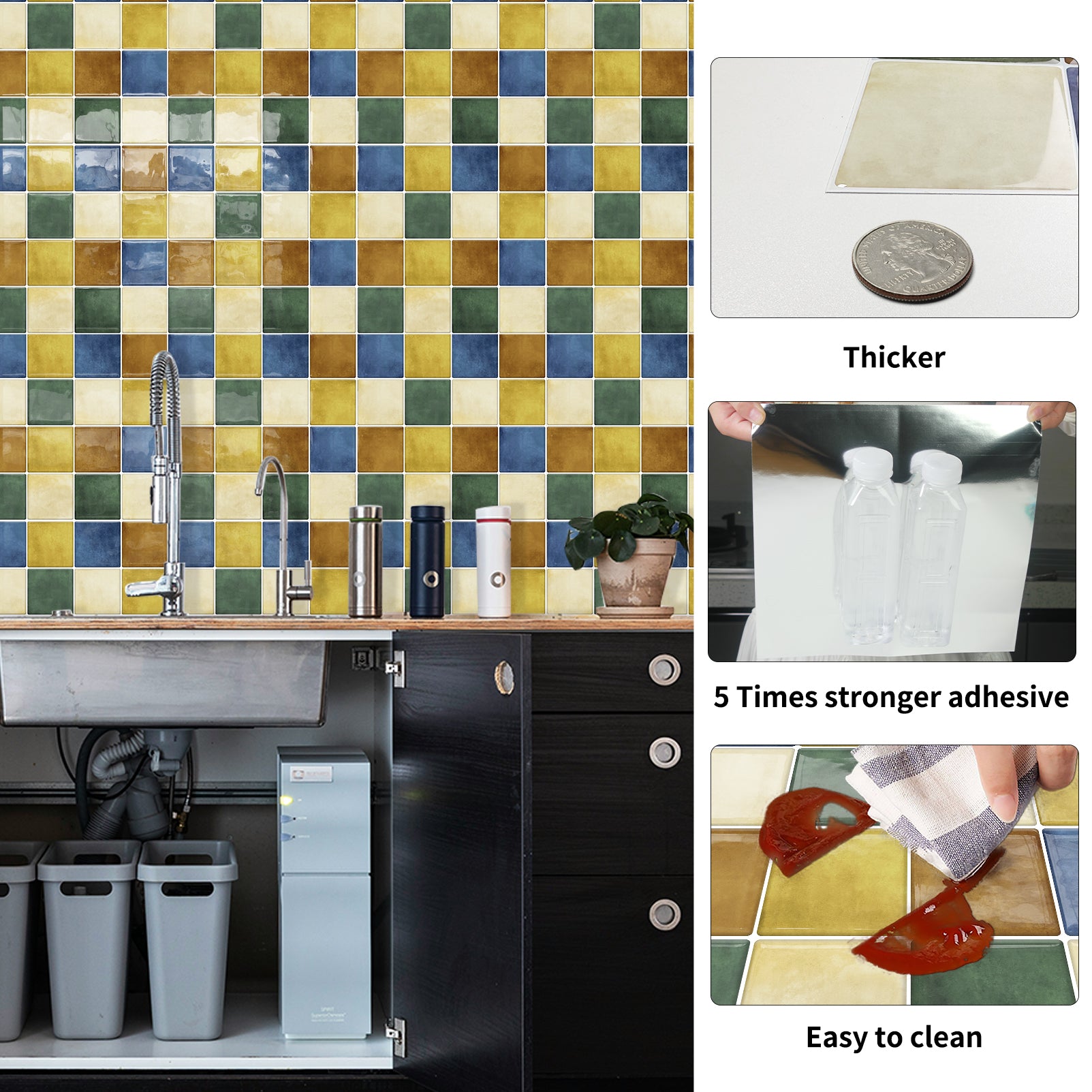 DEWOO Peel and Stick Backsplash Tiles Kitchen Bathroom Square Self Adhesive Wall Tile Checkerboard Checkered Stickers,Multicolor (10 - Sheet, 12"×12") - DEWOO TILES