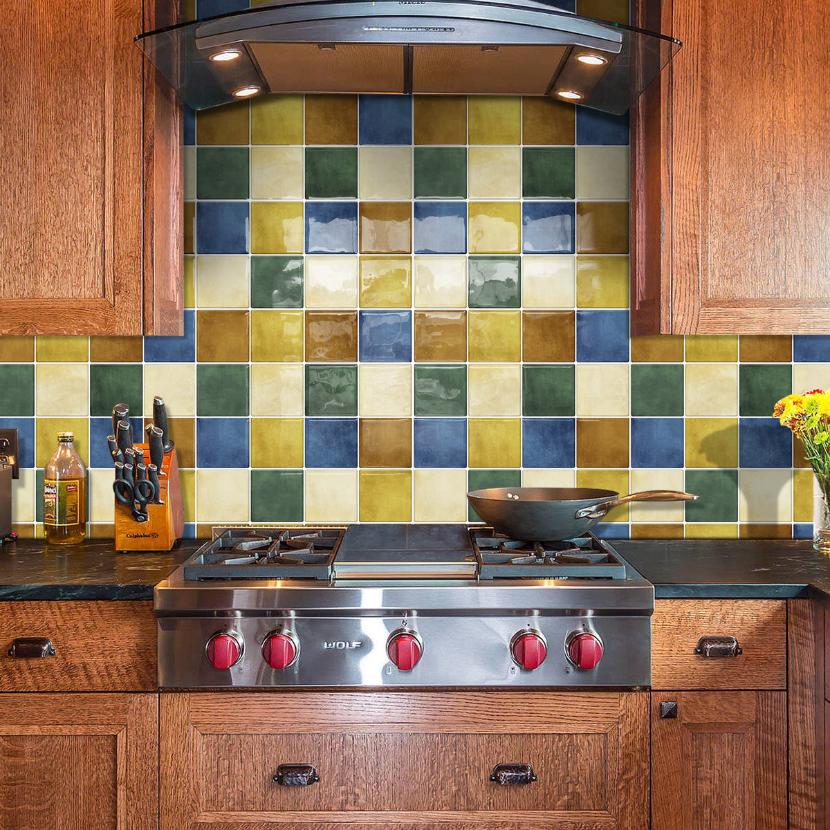 DEWOO Thick Square Kitchen Peel and Stick Backsplash Mosaic Tiles Square Self Adhesive Wall Tile Checkerboard Checkered Stickers,Multicolor (10-Sheet,12"x12") - DEWOO TILES