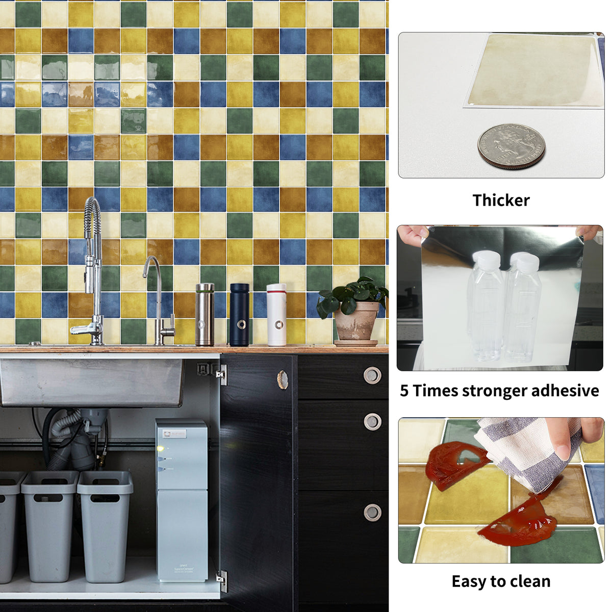 DEWOO Thick Square Kitchen Peel and Stick Backsplash Mosaic Tiles Square Self Adhesive Wall Tile Checkerboard Checkered Stickers,Multicolor (10-Sheet,12"x12") - DEWOO TILES