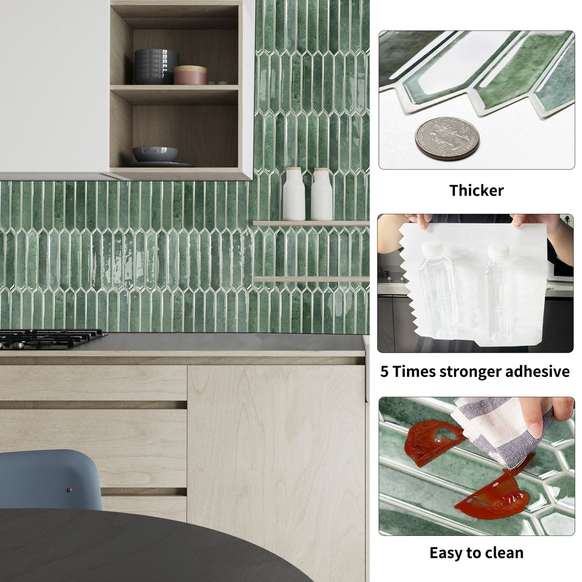 DEWOO Green Tile Peel and Stick Backsplash, 10 Sheets Self-Adhesive Wall Tiles Stick on Back Splash for Kitchen, Bathroom, Fireplace,RV(12"×12",Green Marble) - DEWOO TILES