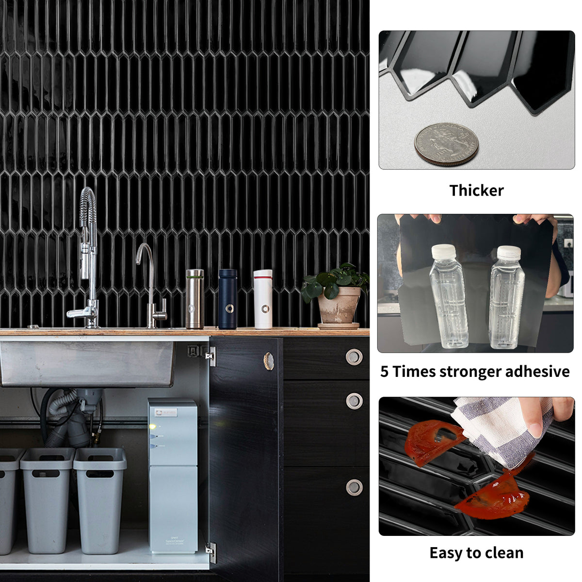 DEWOO Black Tile Peel and Stick Backsplash, 10 Sheets Self-Adhesive Wall Tiles Stick on Back Splash for Kitchen, Bathroom, Fireplace,RV(12"×12",Black Marble) - DEWOO TILES