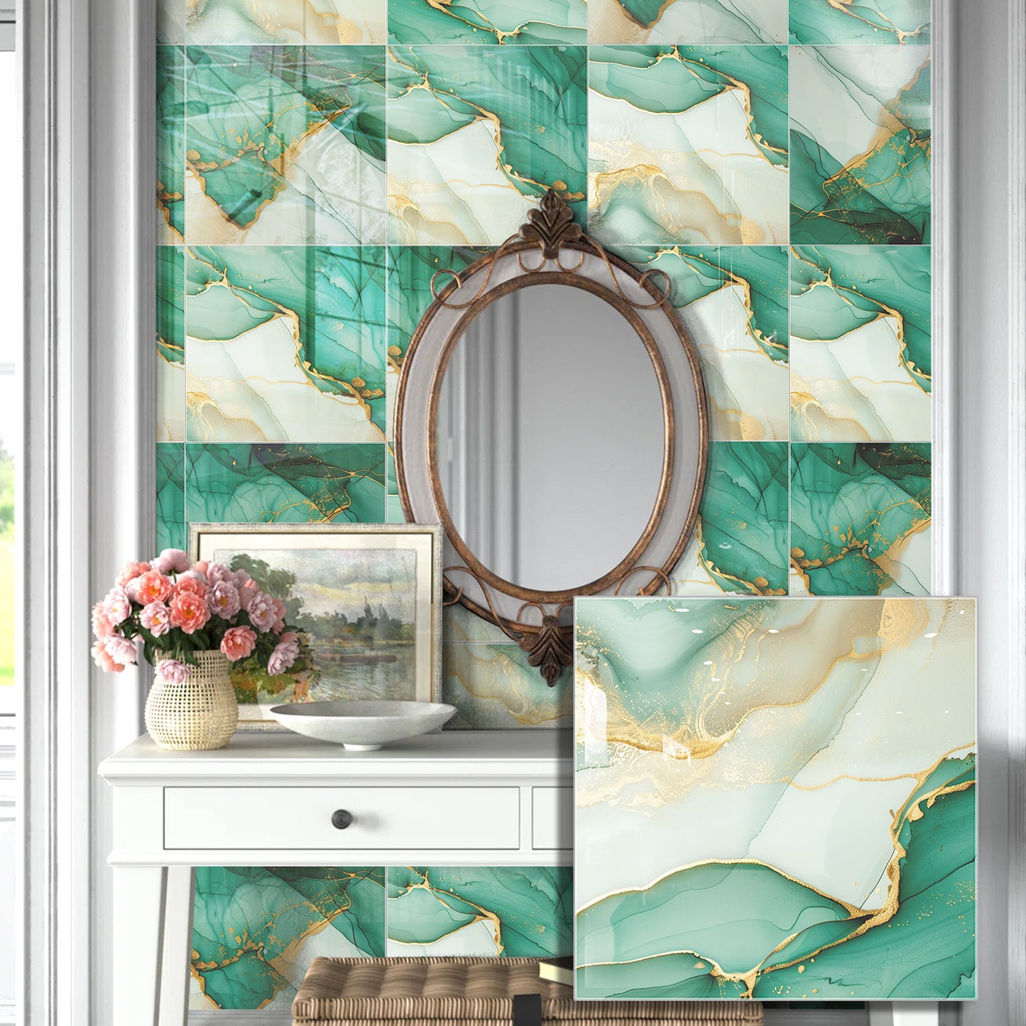 DEWOO 10pcs Peel and Stick Backsplash Wall Tile, Waterproof Peel and Stick Marble Wall Tiles, Self - Adhesive Panels for Bathroom, Kitchen, and Living Room (Green Gold Marble,12"×12") - DEWOO TILES